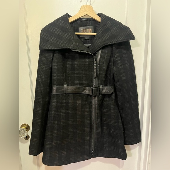Mackage Wool Coat – Black & Gray Plaid with Leather Belt (XS) - Picture 1 of 4